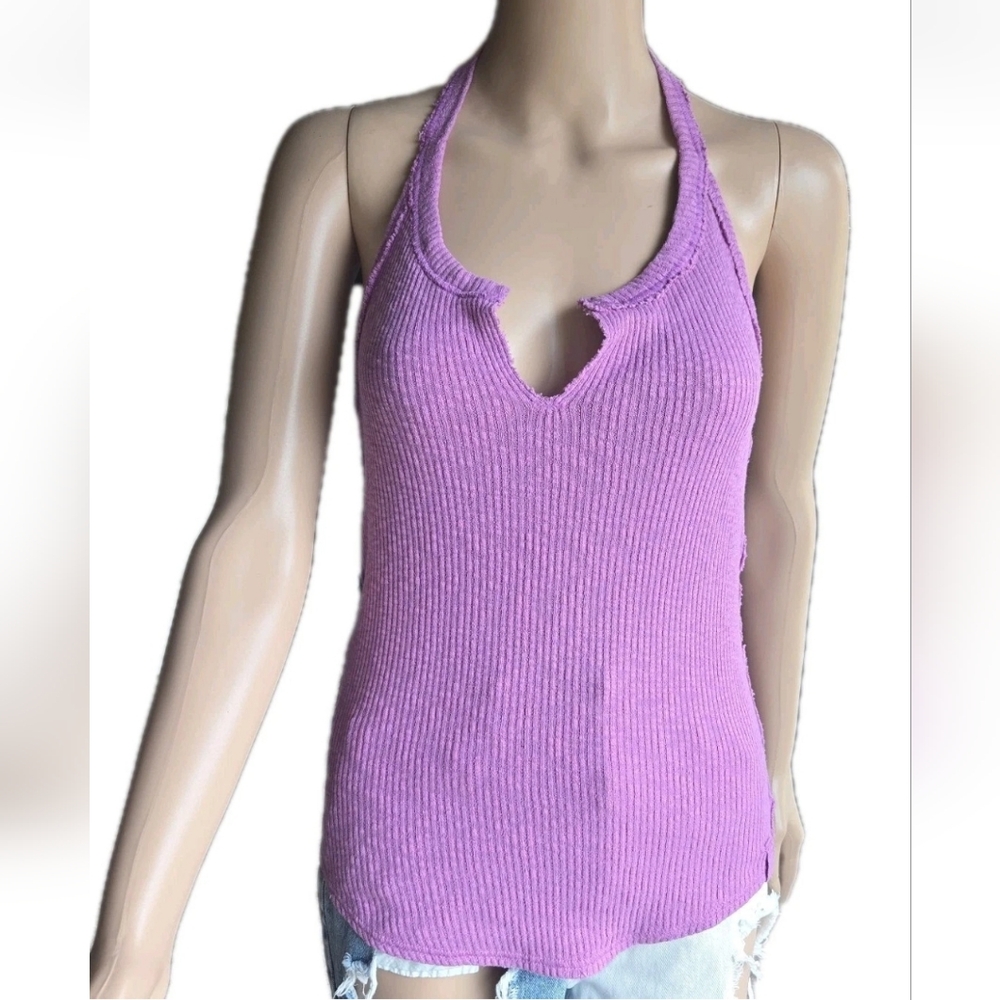 We The Free By Free People Halter Tank Top Ribbed Purple Pink Exposed Seams Sz S